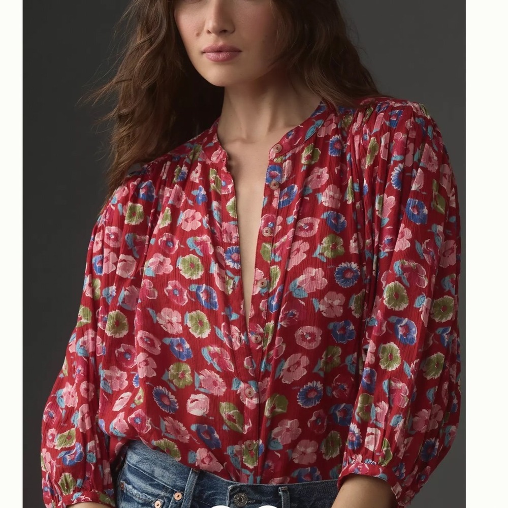 Anthropologie Pilcro The Sidney Blouse XXS Red Floral Batwing Button Up Crinkle